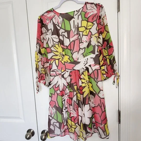 Milly Floral Print Dress Sheer Long Sleeve V Neck Multicolor Size S - Picture 2 of 9